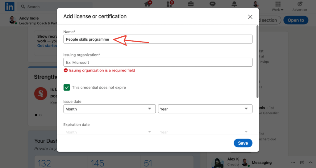 LinkedIn showing Name field
