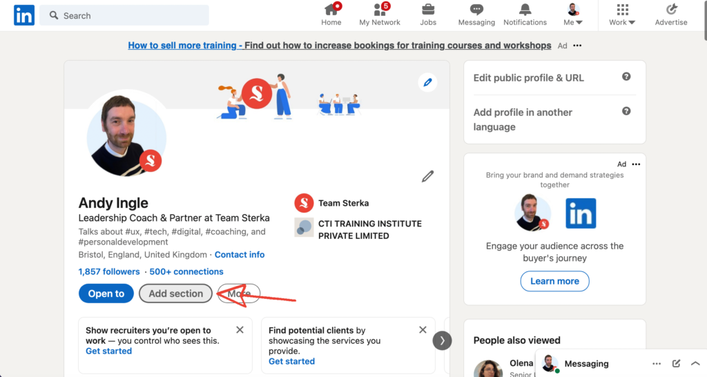 Image of LinkedIn showing Add section