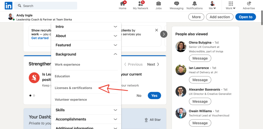 Image of LinkedIn showing Licenses & certifications