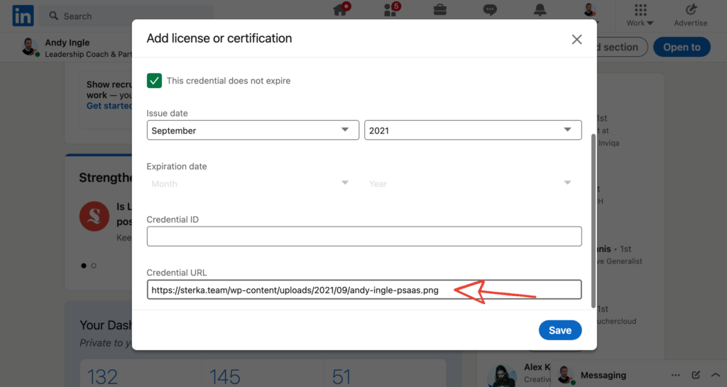 Team Sterka credential URL field on LinkedIn